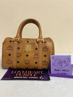 MCM Cognac Logo Boston 25 with STRAP Style Satchel with Gold Hardware